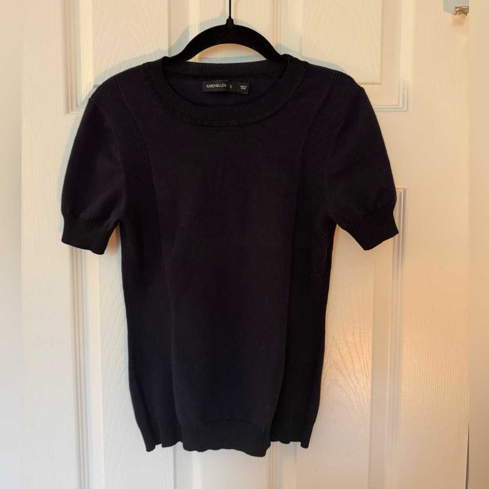 Karen Millen Navy Short Sleeve Ribbed Sweater Top